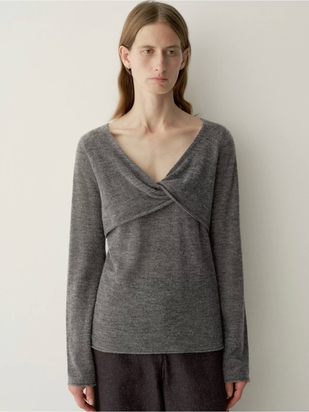 Crossover V-Neck Knit Sweater in Gray
